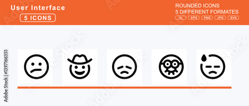 Set of 5 rounded user interface icons,face, angry, horns, anguished, anxious, sweat, astonished, awesome