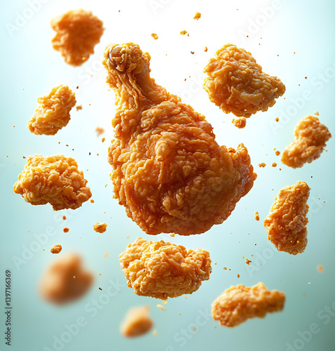 Wallpaper Mural Magical Fast Food Scene Featuring Crispy Fried Chicken Suspended in Mid-Air with Floating Condiments and Utensils on a Dramatic White Background Torontodigital.ca