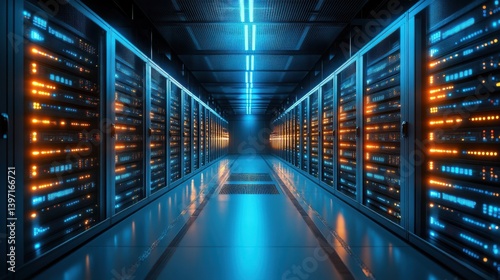 Modern data center with glowing blue and orange lights in a futuristic server room.