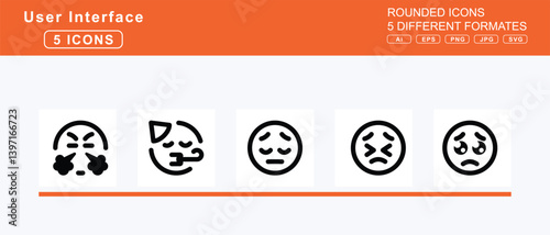 Set of 5 rounded user interface icons,face, head, bandage, hushed, icicles, lying, mask