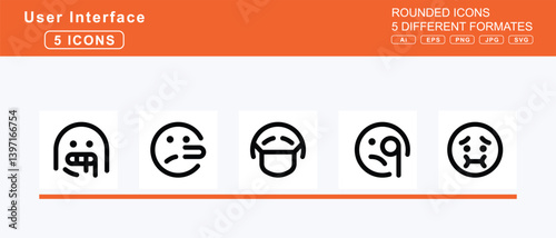 Set of 5 rounded user interface icons,face, eyes, xmarks, fearful, glasses, grin, tongue, wink, hand, yawn