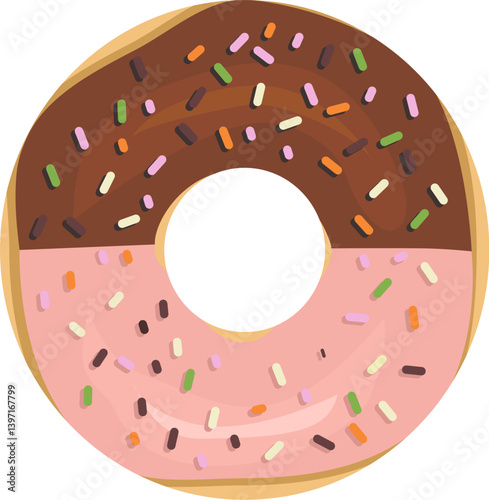 Chocolate Pink Strawberry glazed doughnut with sprinkle simple flat vector hand drawn illustration isolated