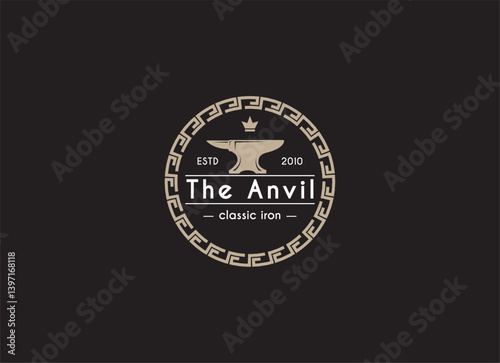 Vintage Hipster Retro Blacksmith Metal Work. Handcraft. Forge Art. Anvil. Iron Works Vector Logo