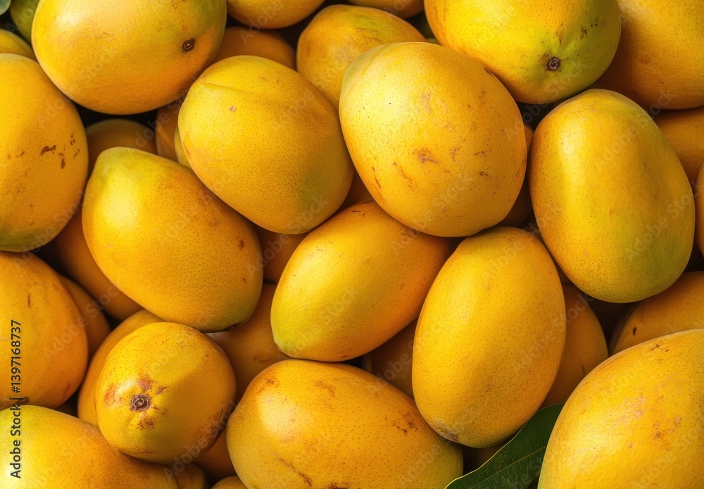 Fresh and Juicy Ripe Mangoes Piled Together in a Vibrant Yellow Display, Showcasing Their Smooth Texture and Natural Shine for Food Photography Fresh and Juicy Ripe Mangoes Piled Together in a Vibrant Yellow Display, Showcasing Their Smooth Texture and Natural Shine for Food Photography
