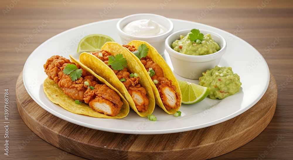 Serving Fried Chicken Tacos with Guacamole and Lime Serving Fried Chicken Tacos with Guacamole and Lime