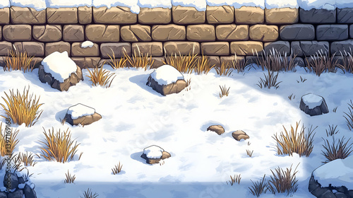 Snow Covered Ground and Stone Wall Landscape in Winter Season with Field of Dry Grass Under a Bright Day With Natural Light
