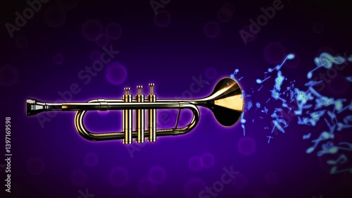 Brass trumpet with musical notes animation