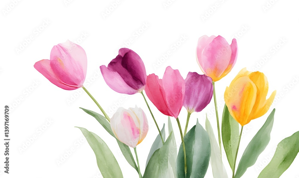 Obraz premium tulips watercolor, for frame, white background, Generative AI