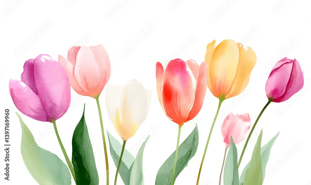 Obraz premium tulips watercolor, for frame, white background, Generative AI