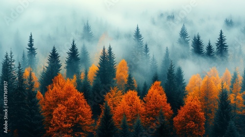 Fog hangs over autumn trees. Lush, dense forest in blue and orange tones
