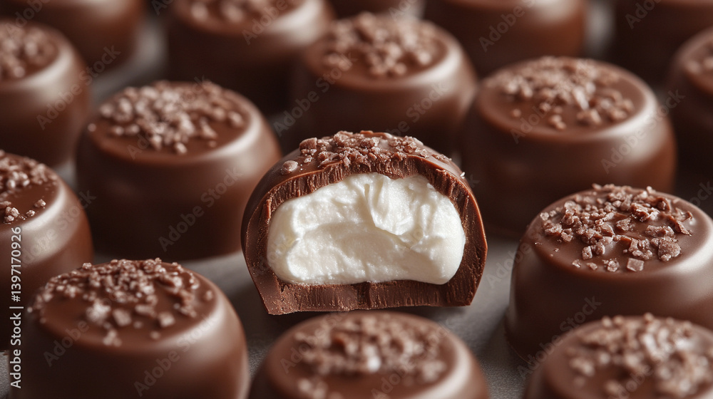 Delicious chocolate treats with creamy filling displayed Delicious chocolate treats with creamy filling displayed