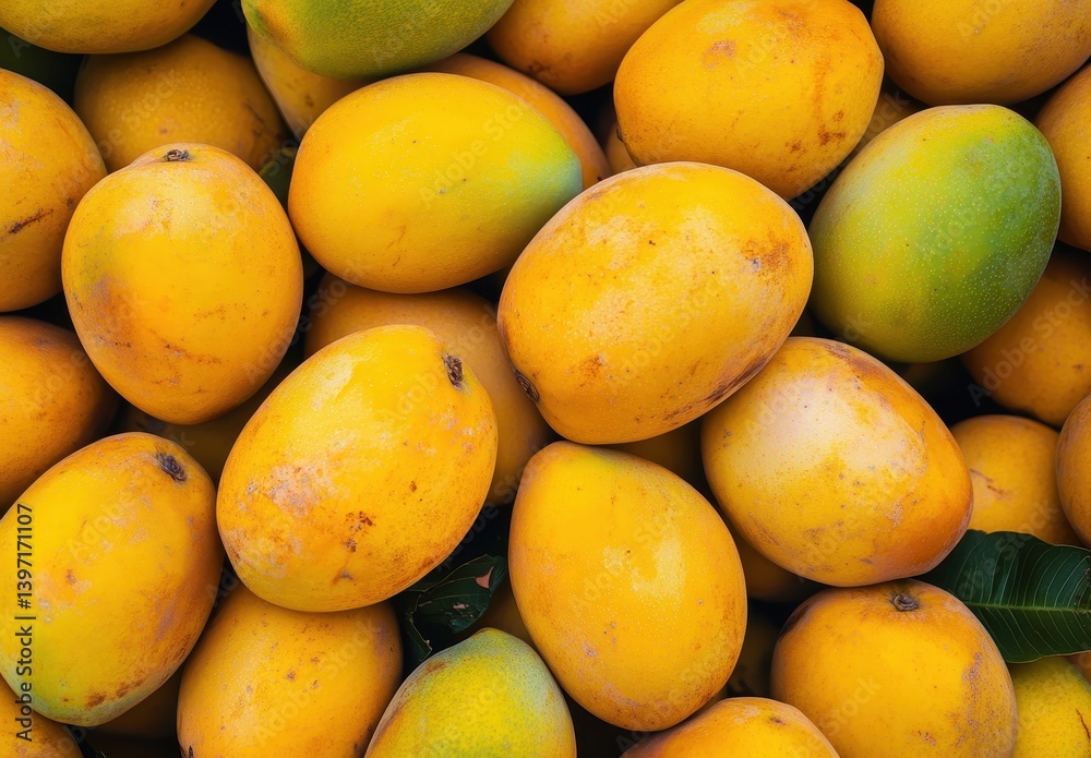 Fresh and ripe mangoes stacked together showcasing vibrant yellow skin with hints of green, representing tropical fruit abundance in nature’s bounty. Fresh and ripe mangoes stacked together showcasing vibrant yellow skin with hints of green, representing tropical fruit abundance in nature’s bounty.