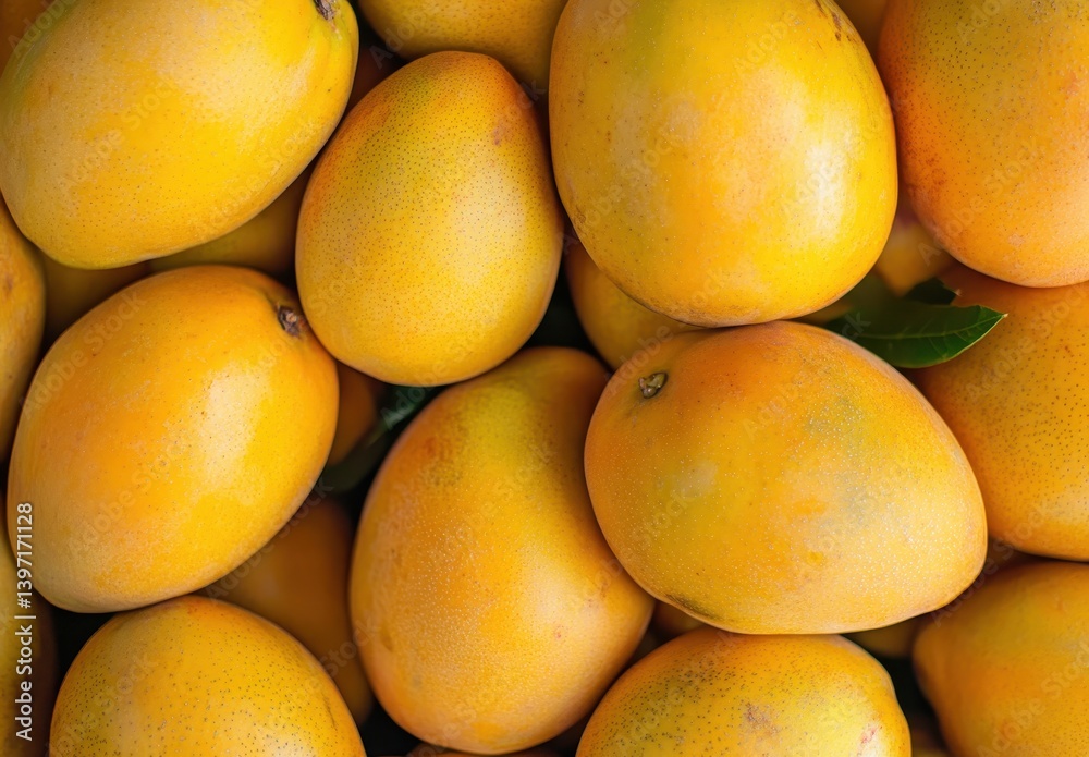 Fresh and Ripe Mangoes Piled Together, Showcasing Their Bright Yellow Skin and Natural Textures in a Vibrant and Colorful Arrangement for Culinary Use Fresh and Ripe Mangoes Piled Together, Showcasing Their Bright Yellow Skin and Natural Textures in a Vibrant and Colorful Arrangement for Culinary Use