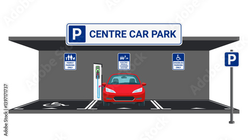 Parking Garage with Electric Car Charging, Family Parking, and Disabled Parking Area – Flat Vector Illustration with Front View of Parked Vehicle and Visible Signage