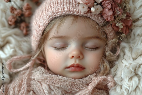 In this stock image, a cute baby is seen sleeping peacefully in a soft crib on white sheets in the comfort of its own home