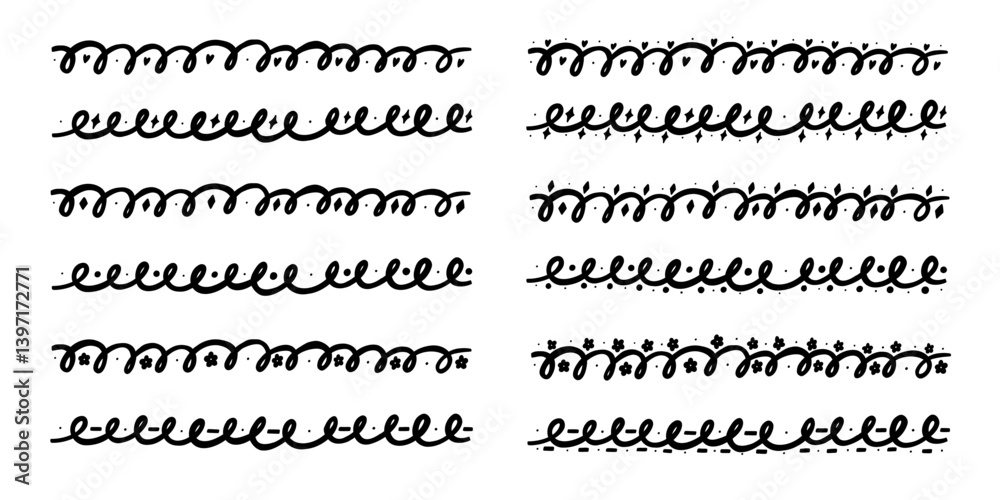 Black Line Wave Squiggle Doodle Border Set. Wavy Underline Curve Frame Decoration Collection. Handdrawn Vector Divider Element Black Line Wave Squiggle Doodle Border Set. Wavy Underline Curve Frame Decoration Collection. Handdrawn Vector Divider Element