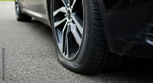 Flat tire on a parked car on asphalt road during daylight leading to inconvenience for the driver and passengers photo