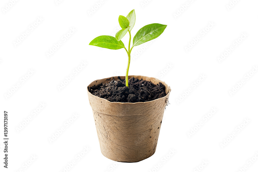 Small green plant growing in a biodegradable paper pot with soil isolated on white background Small green plant growing in a biodegradable paper pot with soil isolated on white background