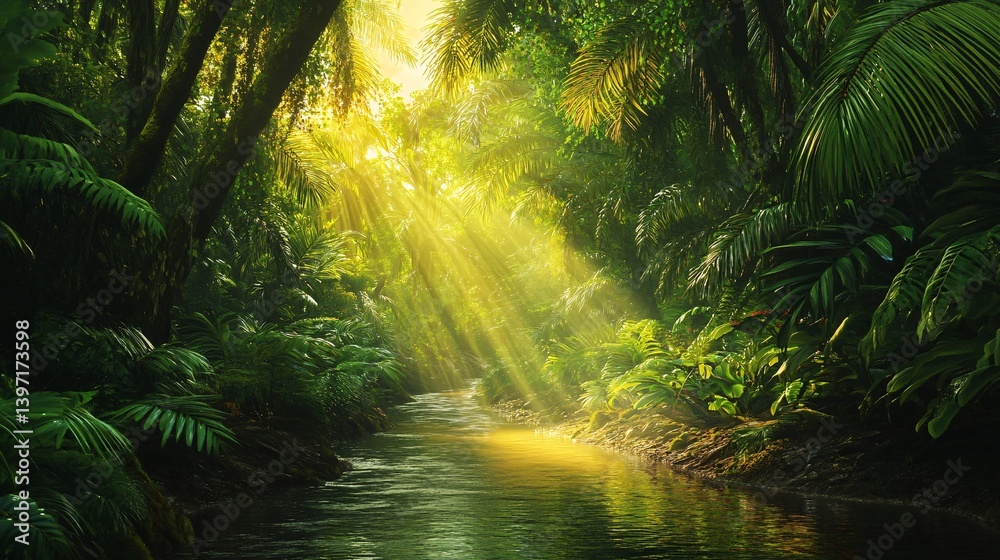 Sunlit jungle stream, lush foliage, peaceful scene, tropical rainforest Sunlit jungle stream, lush foliage, peaceful scene, tropical rainforest
