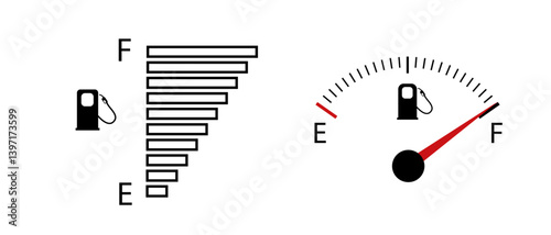 Vehicle fuel. Simple digital indicator of vehicle fuel. Full and empty icons of gas and fuel meters, fuel pump. Vector