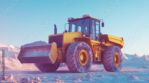 Heavy-duty yellow bulldozer in a quarry at sunset, with large tires and a front shovel against a serene sky.