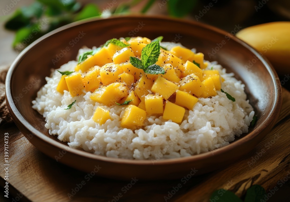 Fresh Mango Cubes on Creamy Rice Bowl with Mint Garnish Surrounded by Natural Elements, Perfect for Healthy Eating and Culinary Inspiration Fresh Mango Cubes on Creamy Rice Bowl with Mint Garnish Surrounded by Natural Elements, Perfect for Healthy Eating and Culinary Inspiration
