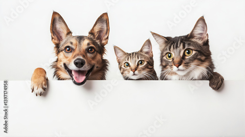Herding kittens, cats and dogs Peeking Over  white fence background. banner web cat, cats and dogs peeking over a white edge. cat and dog adoption  peering over a blank web banner 