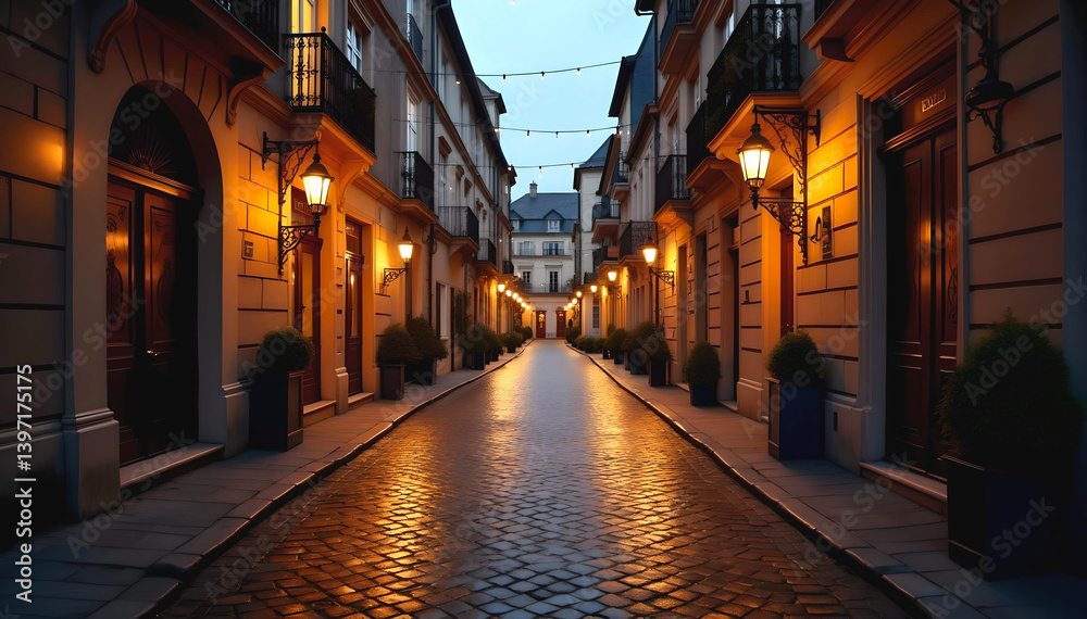 European Alley at Dusk with Cobblestone Street and Warm Lights with France-style architecture European Alley at Dusk with Cobblestone Street and Warm Lights with France-style architecture