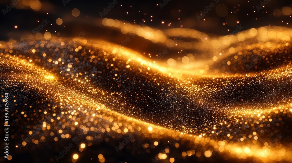 Gold wave Shimmering golden, undulating surface with bokeh highlights against a dark background Gold wave Shimmering golden, undulating surface with bokeh highlights against a dark background