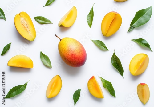 Fresh Mango Slices and Whole Mango with Green Leaves on White Background for Healthy Food and Tropical Lifestyle Concept
