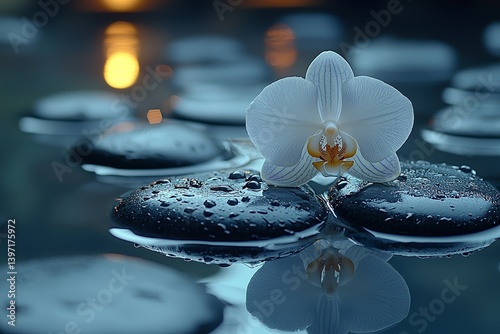 Calm water supports a balanced arrangement of black and white orchids and spa stones, as depicted in a stock illustration