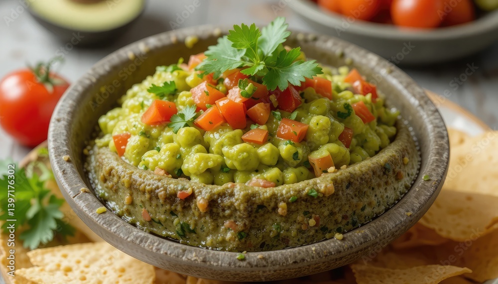 Guacamole in a stone bowl with cilantro and tomato Guacamole in a stone bowl with cilantro and tomato