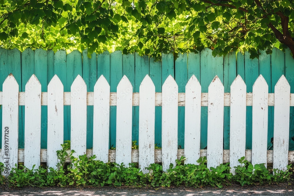 White picket fence with green shrubbery, blue wooden boards and leafy tree. Perfect for conveying themes of home, summer, and cozy neighborhood vibes.