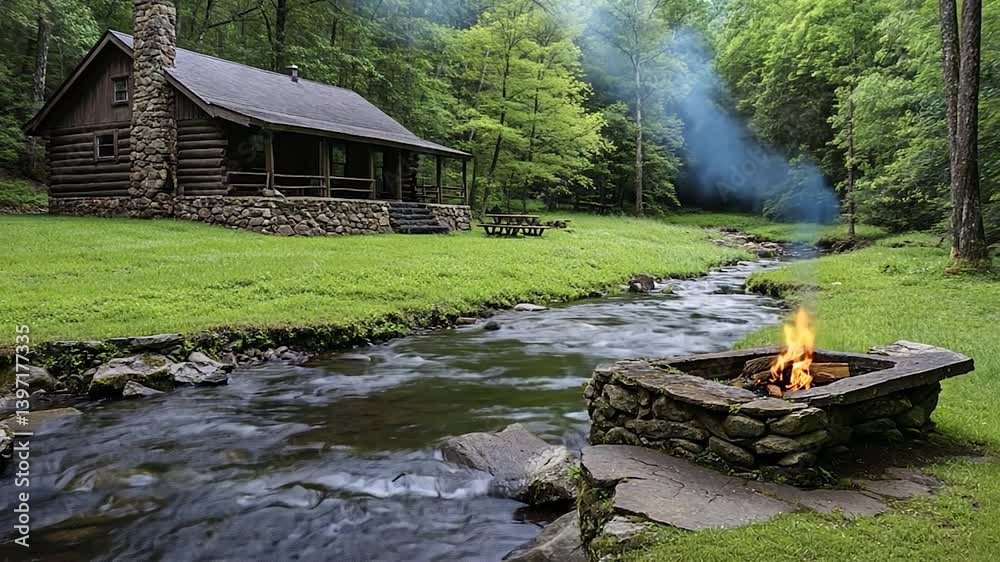 Cozy Cabin by Creek with Campfire Cozy Cabin by Creek with Campfire