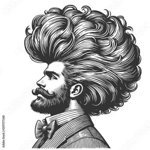 gentleman with an incredibly large, curly hairstyle, blending humor, surrealism, and vintage artistic style sketch engraving generative ai vector illustration. Scratch board. Black and white image.