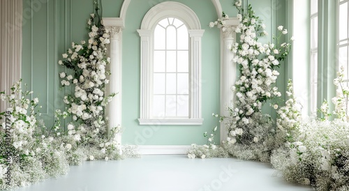 A light-green room adorned with a profusion of white flowers and greenery, creating a romantic and elegant atmosphere.