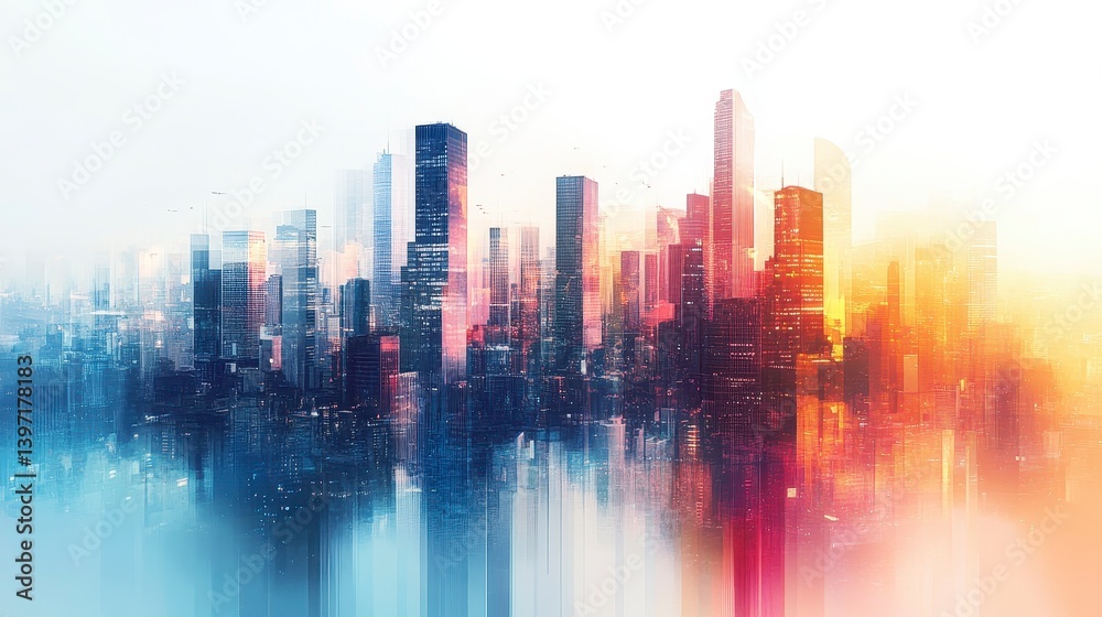 Urban Cityscape with Abstract Colorful Reflection at Sunset Urban Cityscape with Abstract Colorful Reflection at Sunset