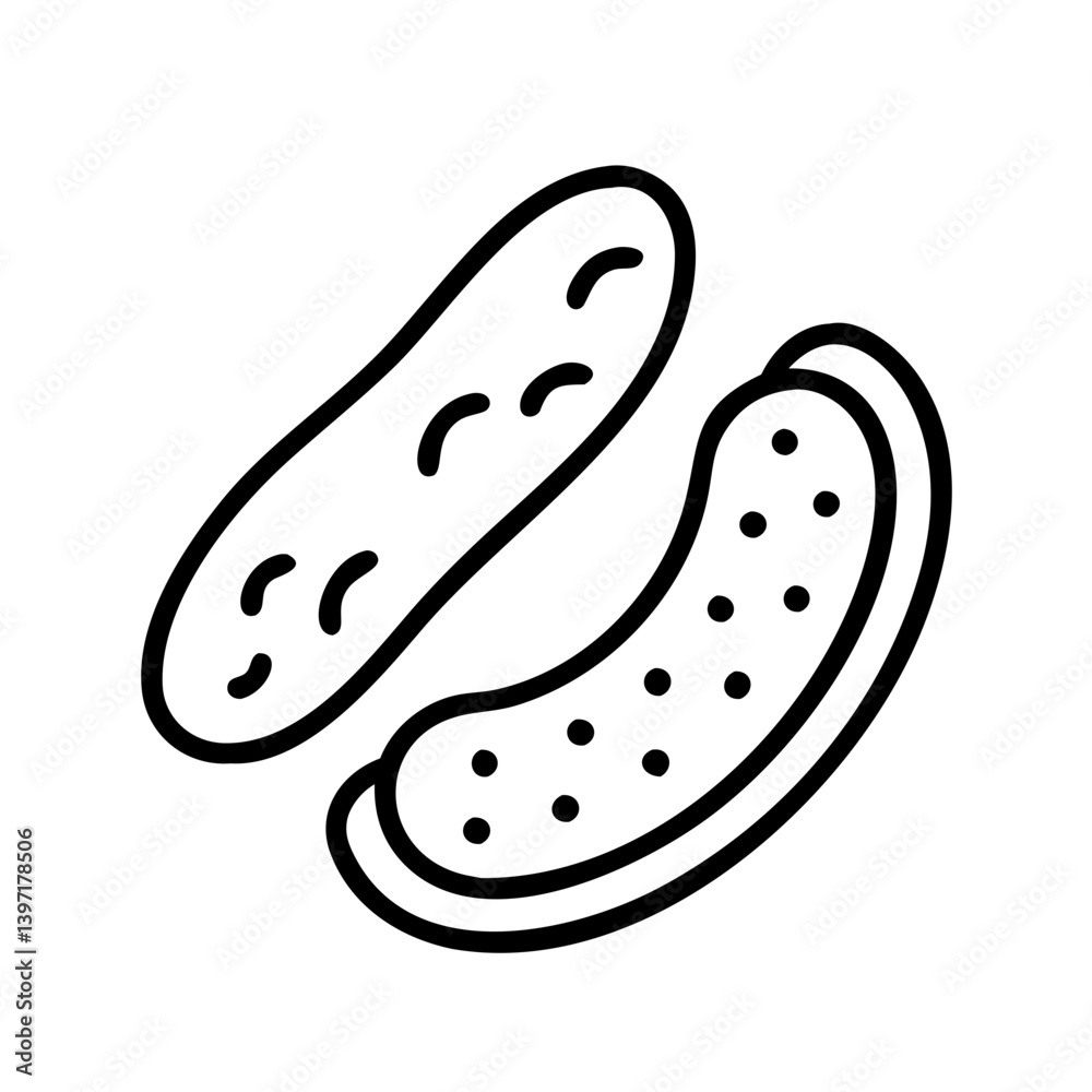 Outline drawing of two pickles, dill and pickled cucumbers, food illustration art Outline drawing of two pickles, dill and pickled cucumbers, food illustration art