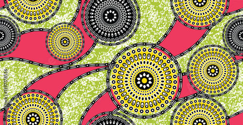 African ethnic traditional green pattern. seamless beautiful Kitenge, chitenge style. fashion design in colorful. Geometric circle abstract motif. Floral Ankara prints, African wax prints.