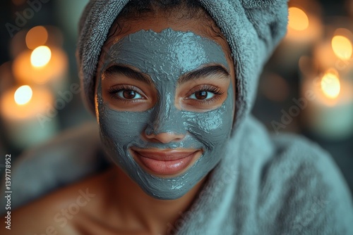 The image features a gorgeous black woman with a facial mask, emphasizing the importance of beauty spa and body care, using a green clay face mask, created by AI