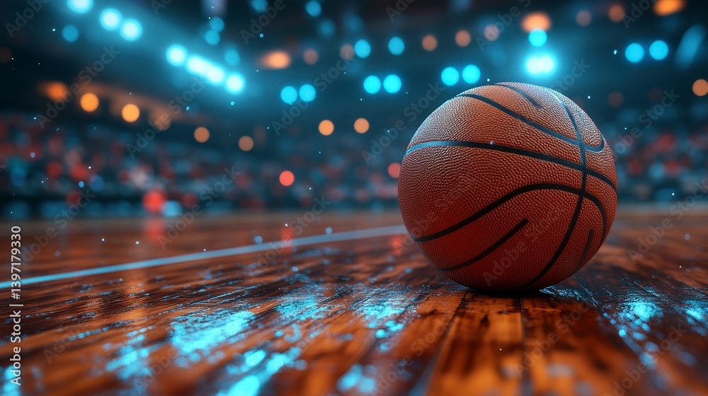 Basketball on glossy court with stadium lights, blurred background Basketball on glossy court with stadium lights, blurred background