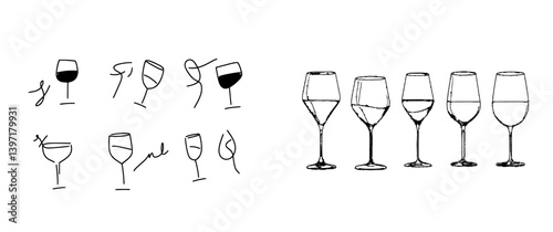 Wine glass set is a collection of sketched wineglasses and silhouette