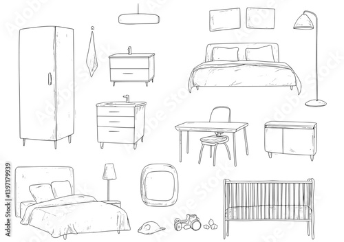 A set of various interior sketches, hand-drawn in a modern style, is isolated
