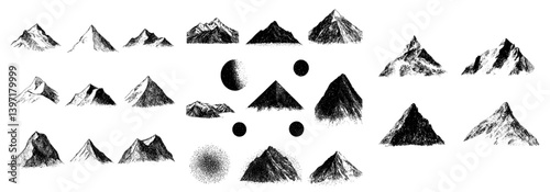 Modern illustration of mountains, hand drawn in a sketch style, suitable for outdoor landscape themes on water bottles, resorts, and spas