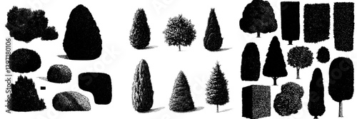 This illustration consists of a set of four hand-drawn bushes in black, showcasing nature flora on a white background with a modern and realistic silhouette design in clip-art form