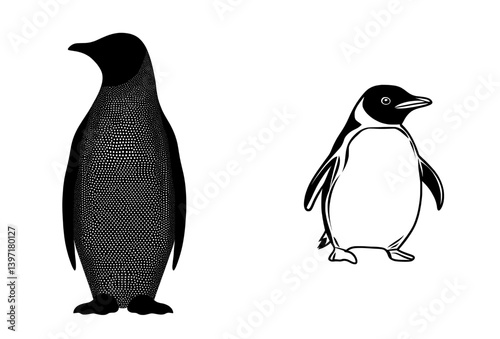 A penguin is depicted in a modern illustration using black and white linear paint