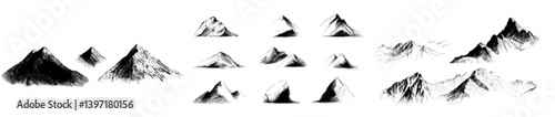A large collection of mountain peaks, illustrated in a vintage style with an old, hand-drawn, or engraved appearance, offering various versions for hiking and climbing