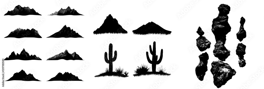 The wild west and America are depicted in a hand drawn modern silhouette set complete with a canyon, stones, cowboy, and vintage theme The wild west and America are depicted in a hand drawn modern silhouette set complete with a canyon, stones, cowboy, and vintage theme