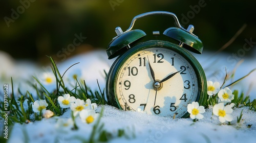 Vintage alarm clock in snow surrounded by flowers, symbolizing the transition from winter to spring.