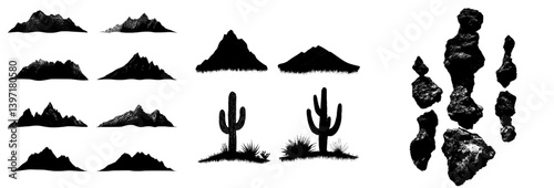 The wild west and America are depicted in a hand drawn modern silhouette set complete with a canyon, stones, cowboy, and vintage theme